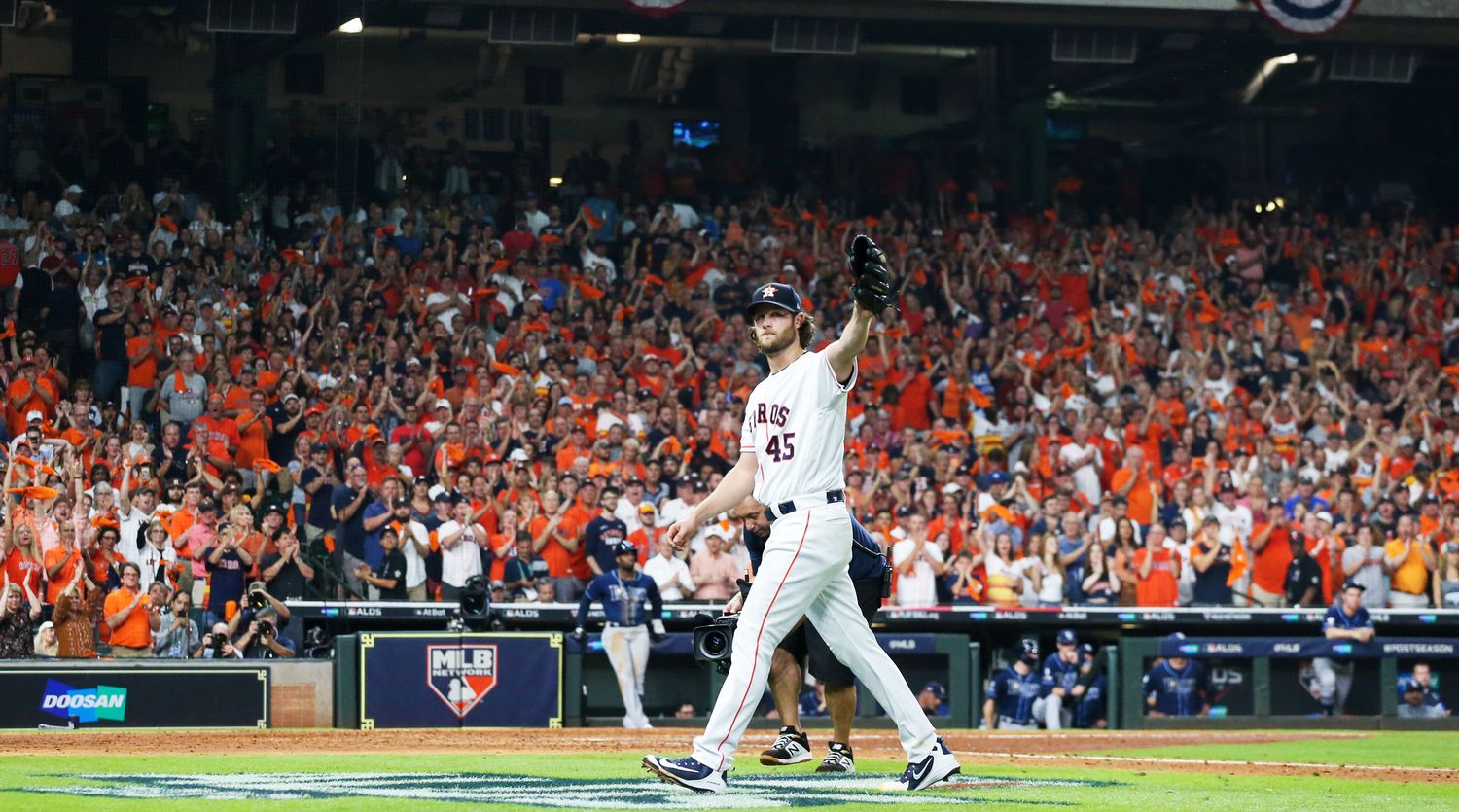 Oct 5, 2019; Houston, TX, USA; Houston Astros starting pitcher Gerrit Cole (45) reacts to the fans as he leaves the game against the Tampa Bay Rays in the eighth inning in game two of the 2019 ALDS playoff baseball series at Minute Maid Park. Mandatory Credit: Thomas B. Shea-USA TODAY Sports